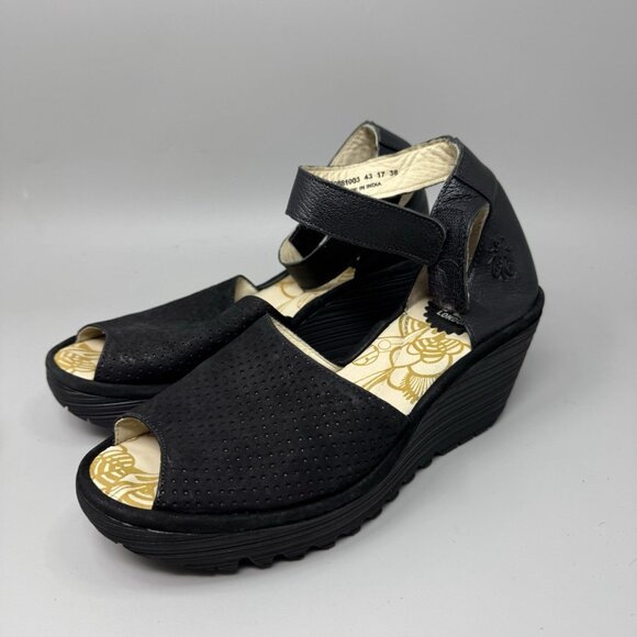 Fly London Yula Women’s Black Wedge Sandals Size 11 - Picture 3 of 8